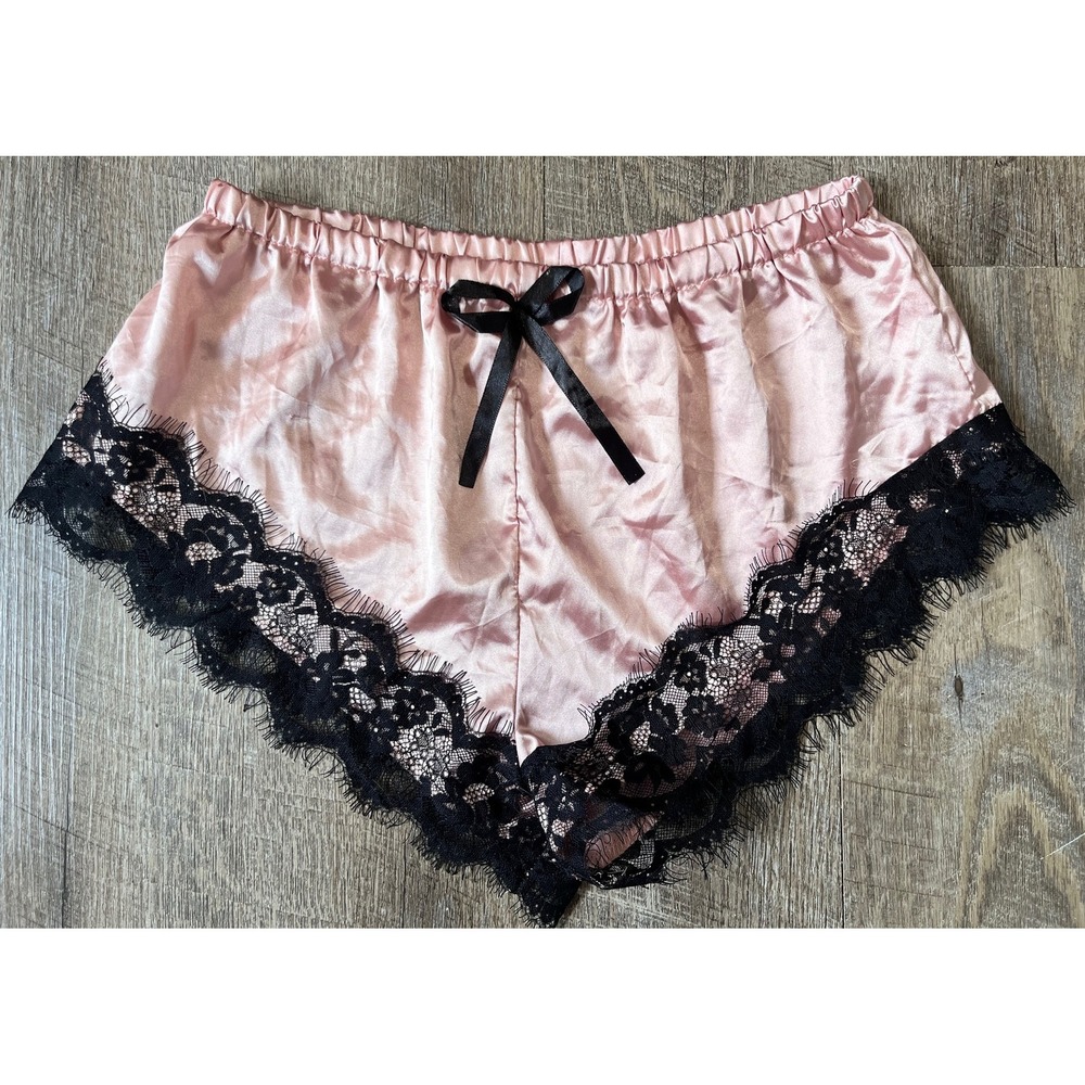 Pink Bloomers with black lace trim‎ size M satin